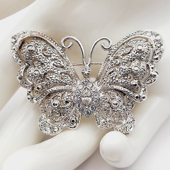 Vintage Silver Tone Clear Rhinestone Butterfly Brooch Pin - 2 1/8 Inches - Picture 1 of 10
